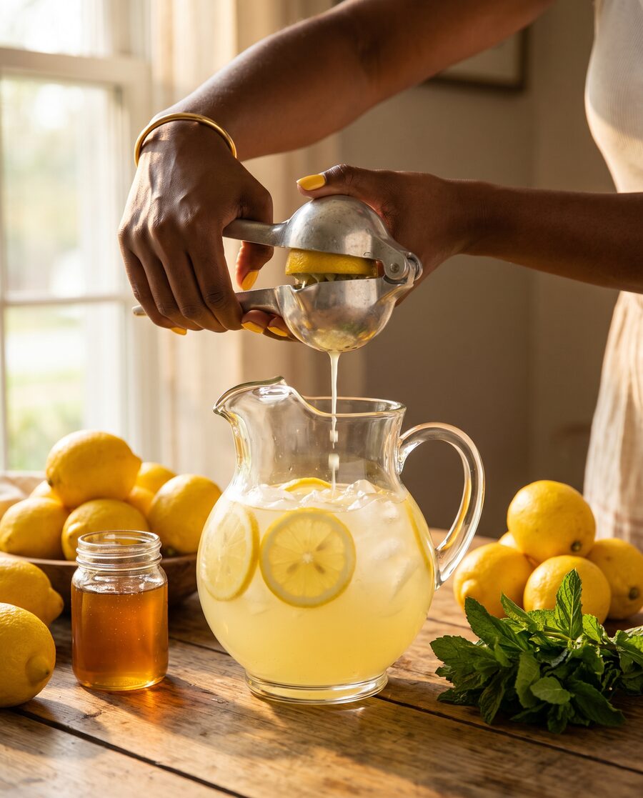 Hands pressing fresh lemons into a pitcher of lemonade on a wooden table piled with lemons