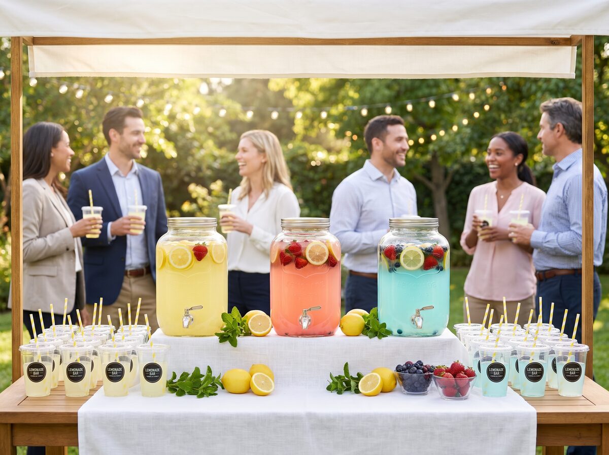 Lemonade refreshment station with glass dispensers at an outdoor corporate event