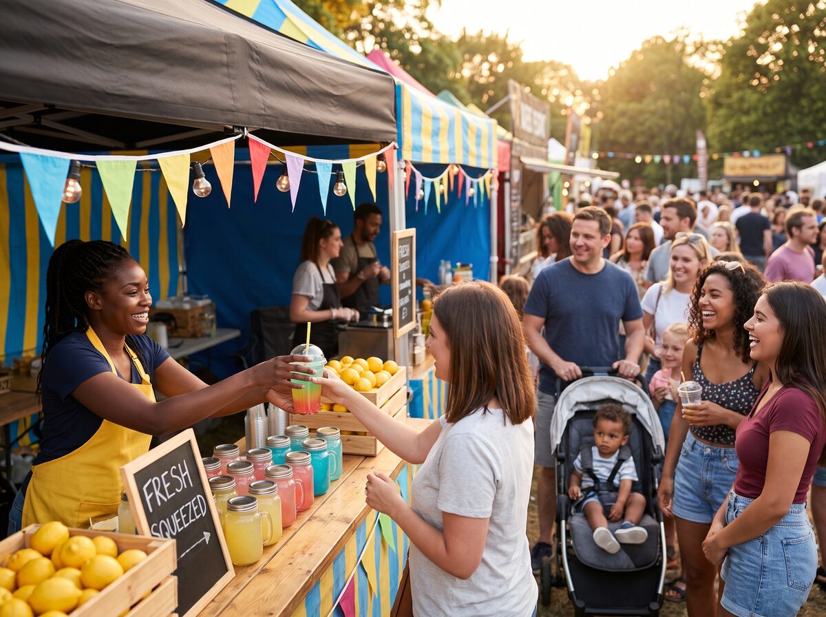 BeeZesty lemonade stand at a summer street festival at golden hour