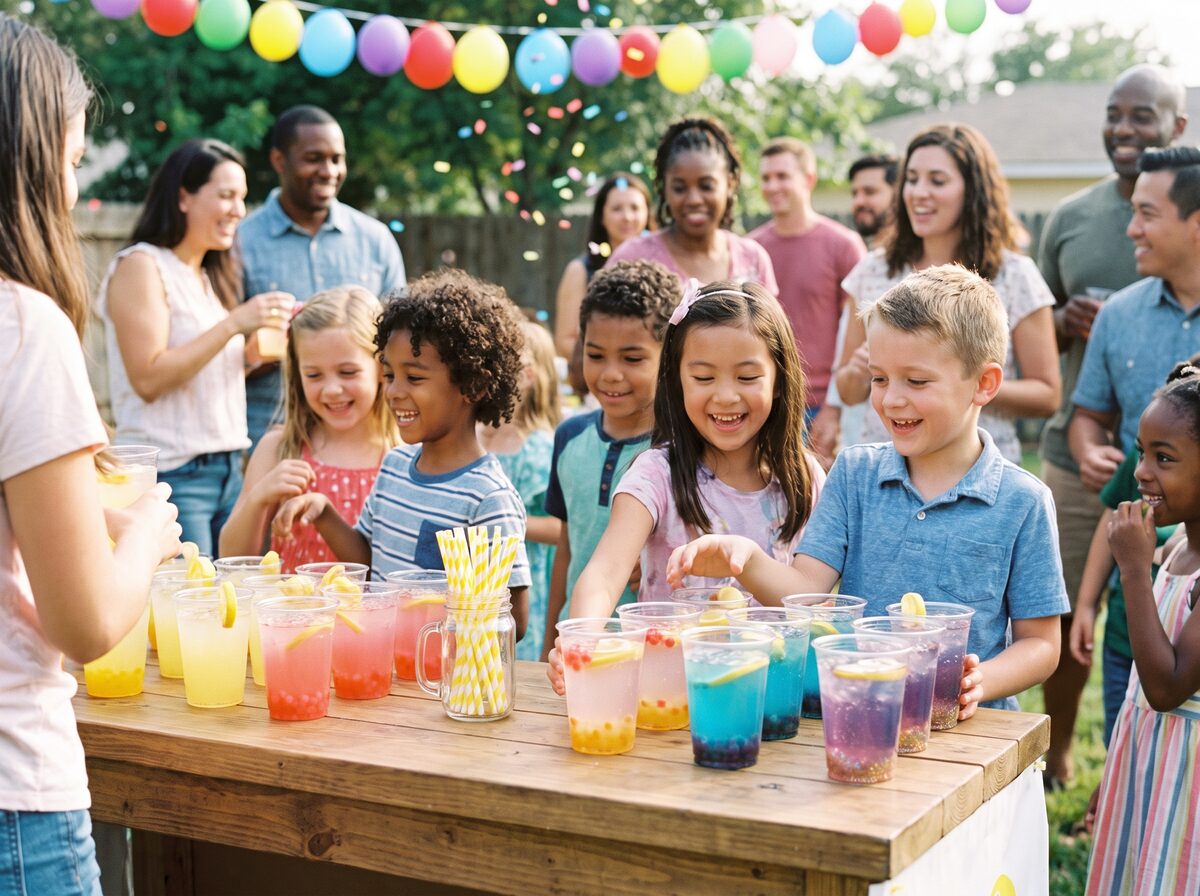 Colorful birthday party lemonade bar with fruit and boba toppings