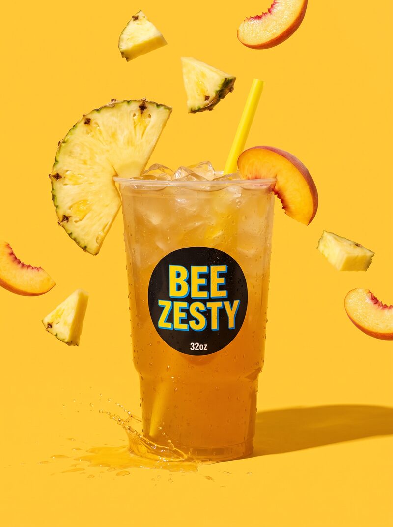 Pineapple Peach lemonade — golden drink with pineapple wedge and peach slice